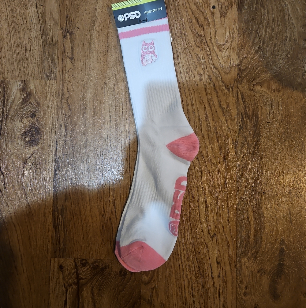 PSD White Crew Socks with Pink Accents and Owl Motif